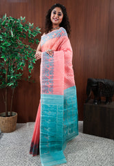 Peach Dhakai Jamdani Cotton Saree without Blouse Piece