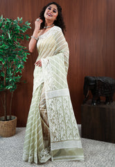 Pista Green Dhakai Jamdani Cotton Saree without Blouse Piece