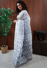 Grey Dhakai Jamdani Cotton Saree without Blouse Piece