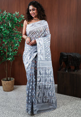 Grey Dhakai Jamdani Cotton Saree without Blouse Piece