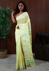 Lemon Yellow Dhakai Jamdani Cotton Saree without Blouse Piece