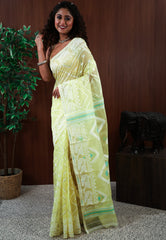 Lemon Yellow Dhakai Jamdani Cotton Saree without Blouse Piece