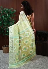 Lemon Yellow Dhakai Jamdani Cotton Saree without Blouse Piece