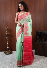 Sea Green Dhakai Jamdani Cotton Saree without Blouse Piece