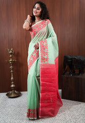 Sea Green Dhakai Jamdani Cotton Saree without Blouse Piece