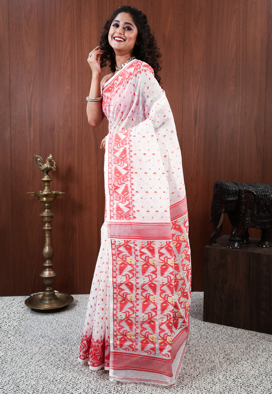 White Dhakai Jamdani Cotton Saree without Blouse Piece