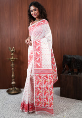 White Dhakai Jamdani Cotton Saree without Blouse Piece