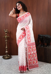 White Dhakai Jamdani Cotton Saree without Blouse Piece