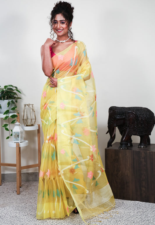 yellow Kora Saree With Blouse Piece