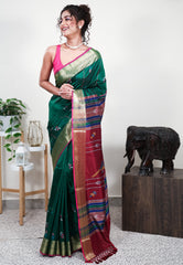 Bottle Green Blended Silk Handloom Saree With Blouse Piece