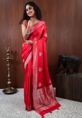 Red Mashru Silk Saree with Blouse Piece