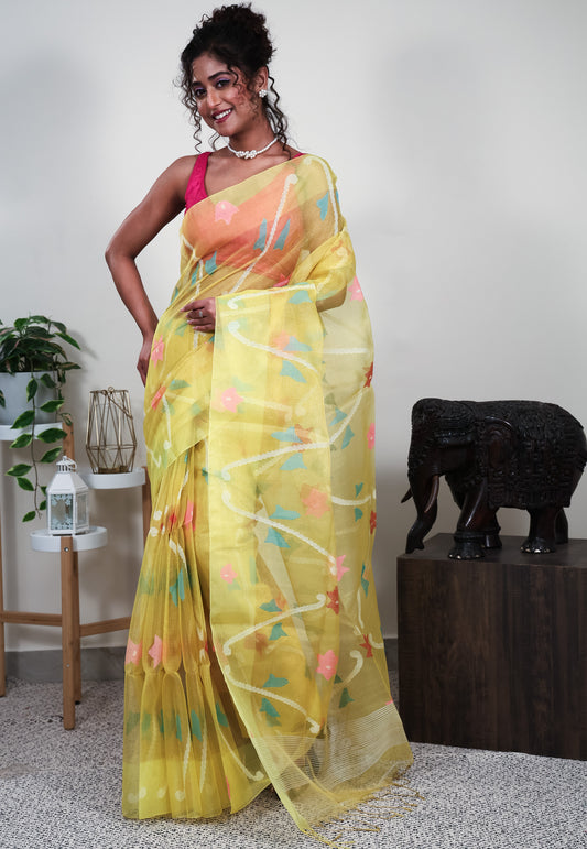 yellow Kora Saree With Blouse Piece