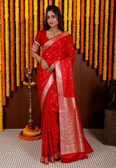 Red Wedding Banarasi Silk Saree with Blouse Piece