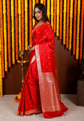 Red Wedding Banarasi Silk Saree with Blouse Piece