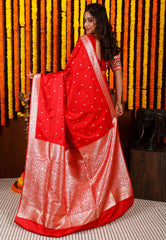 Red Wedding Banarasi Silk Saree with Blouse Piece