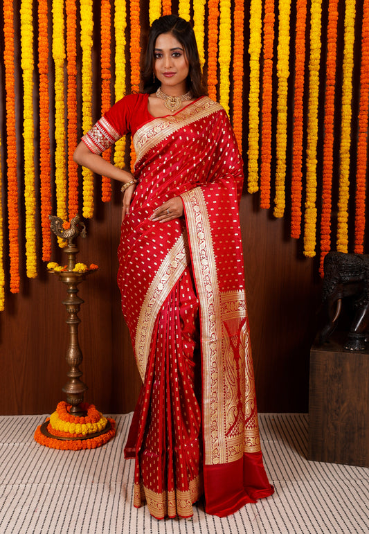 Dual shades of Magenta and Red Wedding Banarasi Silk Saree with Blouse Piece