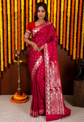 Dual Shades of Magenta and Red Wedding Banarasi Silk Saree with Blouse Piece