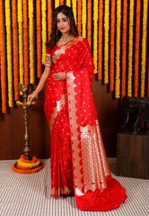 Red Wedding Banarasi Silk Saree with Blouse Piece