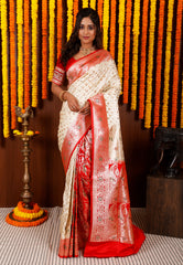 Cream with Red Minakari Korial Patli Banarasi Silk Saree With Blouse Piece