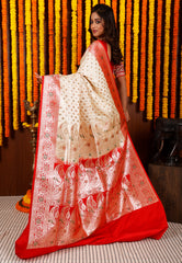 Cream with Red Minakari Korial Patli Banarasi Silk Saree With Blouse Piece