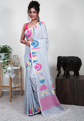 Grey Handloom Saree With Blouse Piece