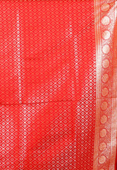 Off White with Red Korial Banarasi Silk Saree With Blouse Piece