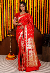 Red Wedding Banarasi Silk Saree with Blouse Piece