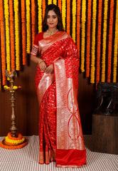 Red Wedding Banarasi Silk Saree with Blouse Piece