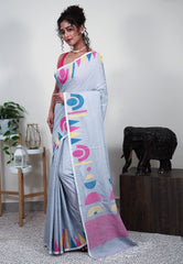 Grey Handloom Saree With Blouse Piece