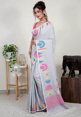 Grey Handloom Saree With Blouse Piece - Adi Akshoy & Co.
