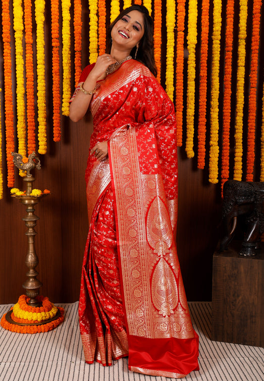 Red Wedding Banarasi Silk Saree with Blouse Piece