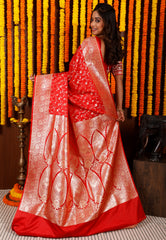 Red Wedding Banarasi Silk Saree with Blouse Piece