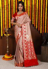 Deep Beige with Red Border Pastel Banarasi Silk Saree With Blouse Piece