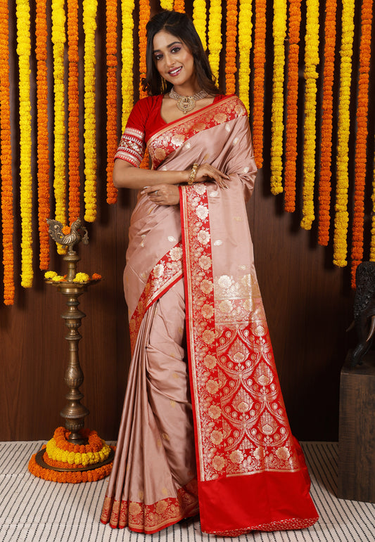 Deep Beige with Red Border Pastel Banarasi Silk Saree With Blouse Piece