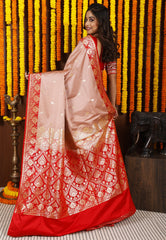 Deep Beige with Red Border Pastel Banarasi Silk Saree With Blouse Piece