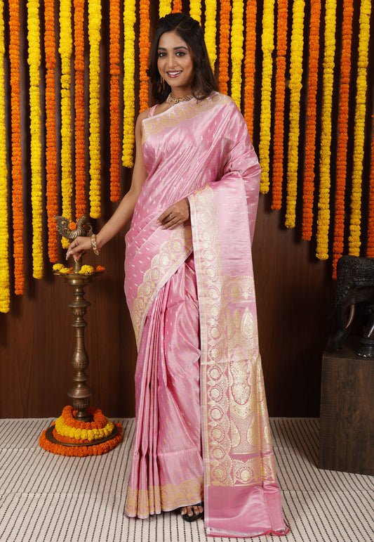 Pink Pastel Banarasi Silk Saree With Blouse Piece