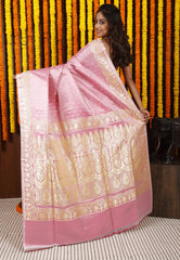 Pink Pastel Banarasi Silk Saree With Blouse Piece