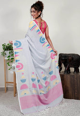 Grey Handloom Saree With Blouse Piece - Adi Akshoy & Co.