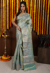 Sea Green Brocade Tissue Kanjivaram Silk Saree With Blouse Piece