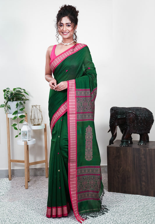 Bottle Green with Rani Pink Border Handloom Saree With Blouse Piece