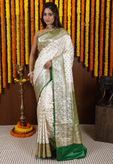 Off White with Green  Korial Banarasi Silk Saree With Blouse Piece