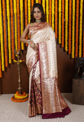 Off White with Magenta Korial Patli Banarasi Silk Saree With Blouse Piece