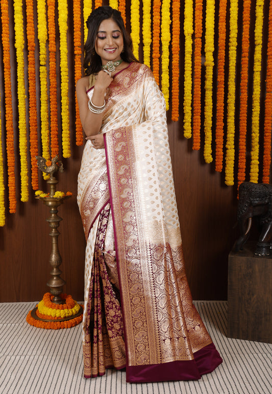 Off White with Magenta Korial Patli Banarasi Silk Saree With Blouse Piece