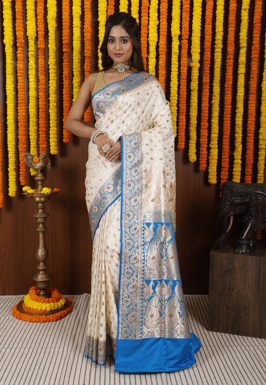 Cream with Feroza Blue Minakari Korial Banarasi Silk Saree With Blouse Piece