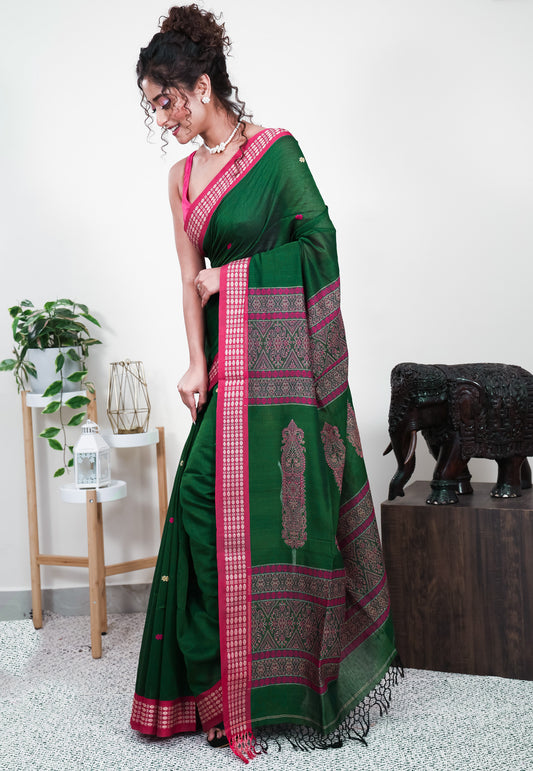 Bottle Green with Rani Pink Border Handloom Saree With Blouse Piece