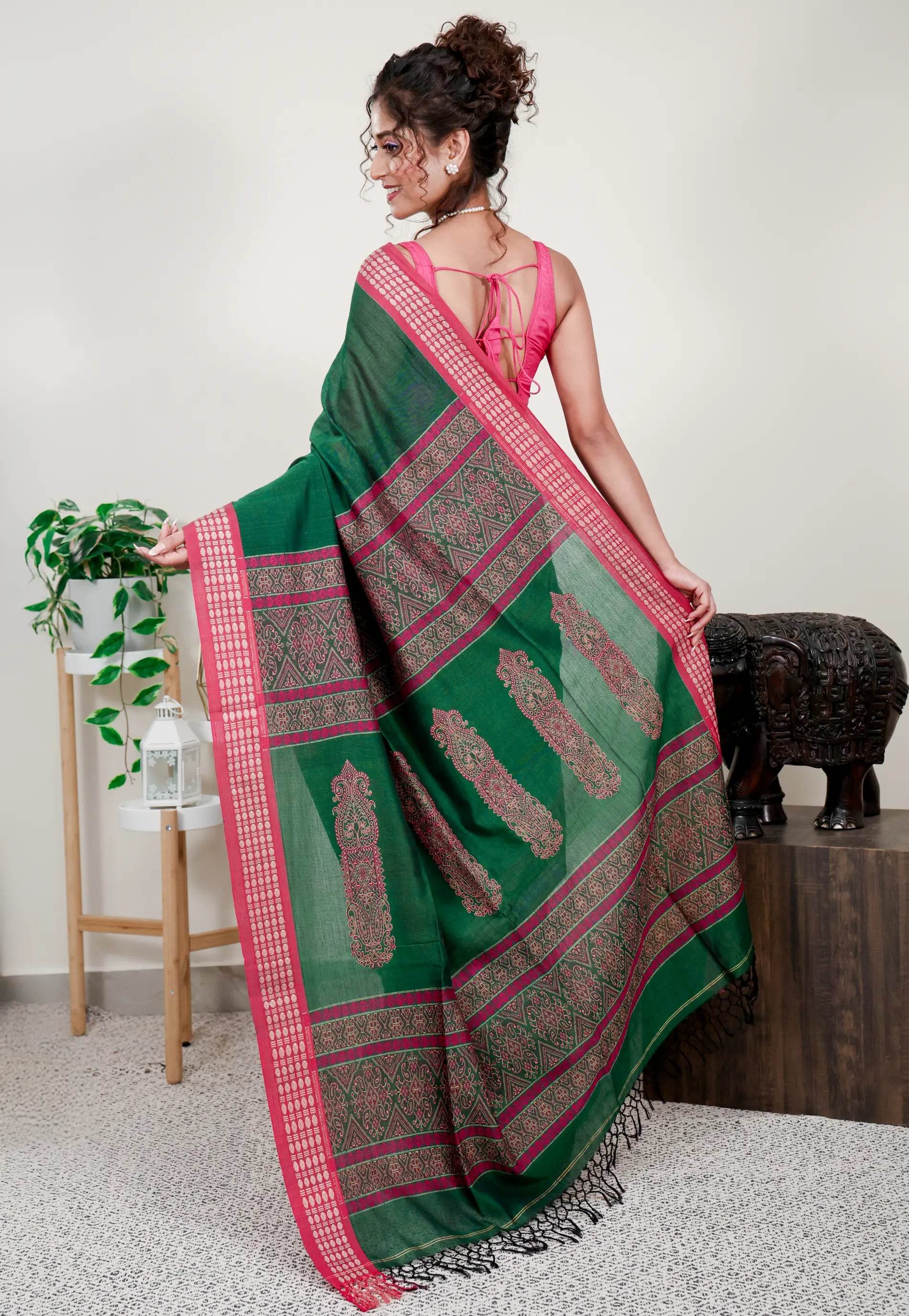 Bottle Green with Rani Pink Border Handloom Saree With Blouse Piece - Adi Akshoy & Co.