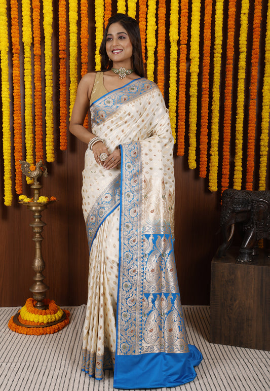 Cream with Feroza Blue Minakari Korial Banarasi Silk Saree With Blouse Piece