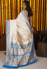 Cream with Feroza Blue Minakari Korial Banarasi Silk Saree With Blouse Piece