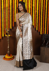 Off White with Black Border Korial Banarasi Silk Saree With Blouse Piece