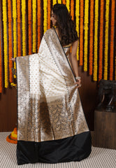 Off White with Black Border Korial Banarasi Silk Saree With Blouse Piece